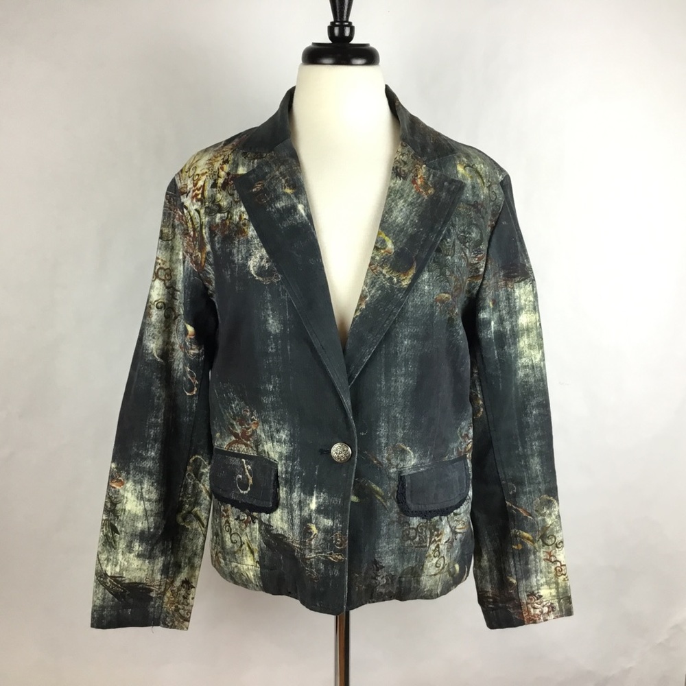 Chico’s Women Jacket Gray Floral Cotton Sz 1 (M,8)